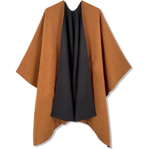Women Shawl Wrap Poncho Ruana Cape Open Front Cardigan Fall Winter Brown Black - Picture 3 of 6